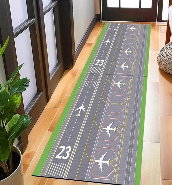 Rutschfester Teppich mit Flughafenmotiv und Flugzeugsymbolen in Grau und Weiß für Kinderzimmer und Schlafzimmer - Bild 1