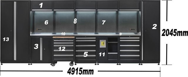 Schwarzer Garagenschrank mit 4 Schubladen und Edelstahl-Arbeitsplatte, abschließbarer Werkzeugaufbewahrungsschrank mit Sicherheits-Rückwandpaneel, B/T/H: 491,5 x 204,5 x 356 cm - Bild 1