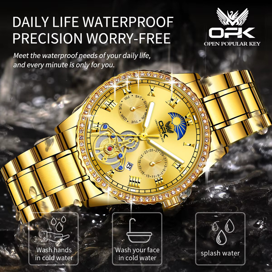 OPK Armbanduhr, Quarz, Edelstahl, Gold, Diamant, Zirkonia, Herren - Bild 2