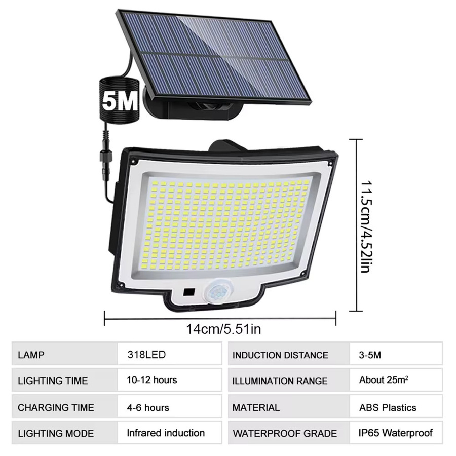 Solar-Außenleuchten mit 318 LED und Fernbedienung, IP65 wasserdichte Solar-Sicherheitsleuchten mit Bewegungssensor und 3 Beleuchtungsmodi, weiß - Bild 7