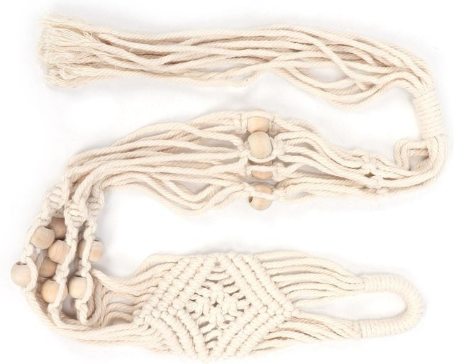Baumwoll-Pflanzenhänger mit Rautenmuster und 12 Perlen in Beige als Boho-Blumentopfhalter für deine Heimdekoration - Bild 1