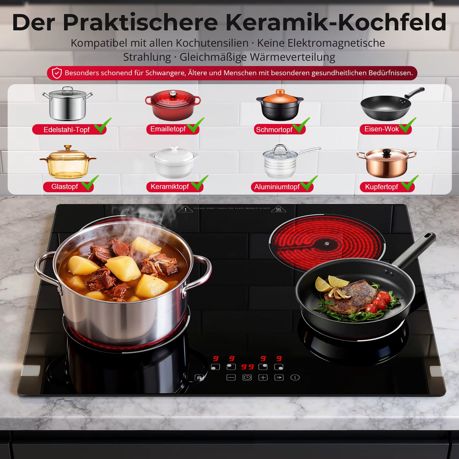 KICHPOWER Einbau-Induktionskochfeld in Schwarz mit 4 Zonen, Touch-Steuerung, Timer und Kindersicherung, Breite: 60 cm - Bild 5
