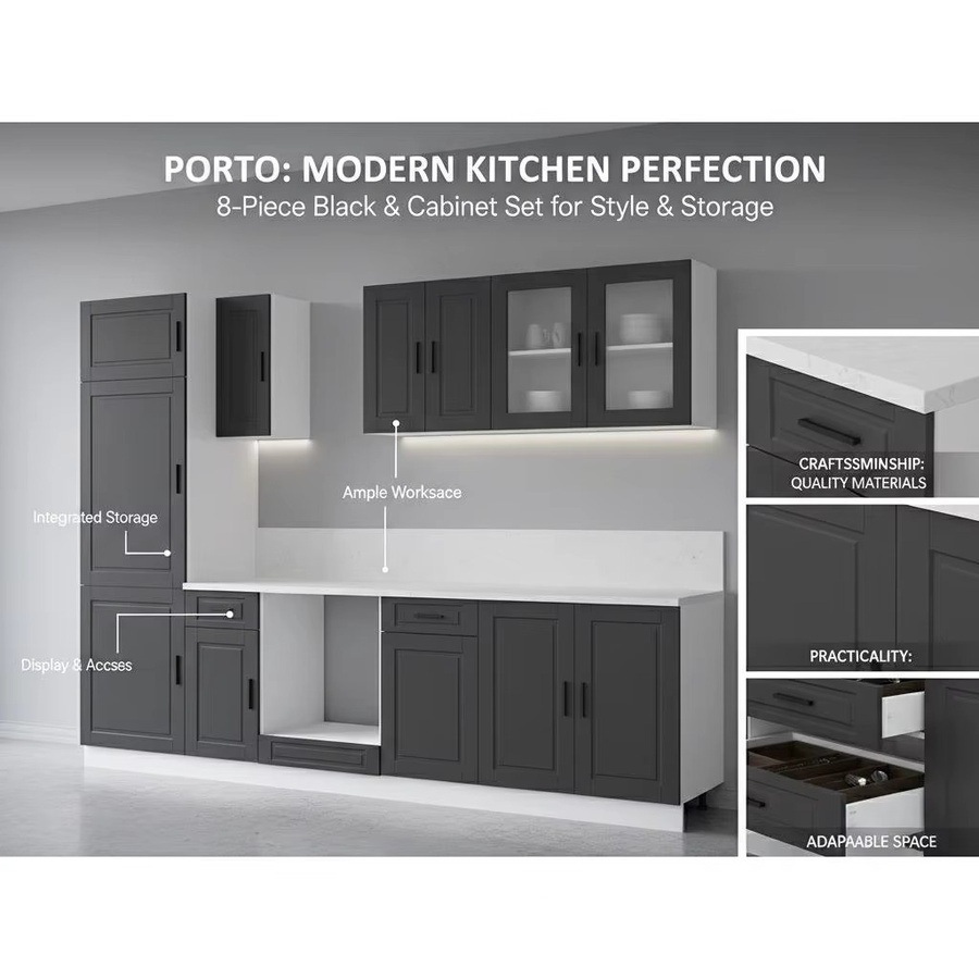 8-teiliges Porto Küchenmöbelset aus technischem Holz in Schwarz für dein Esszimmer - Bild 4