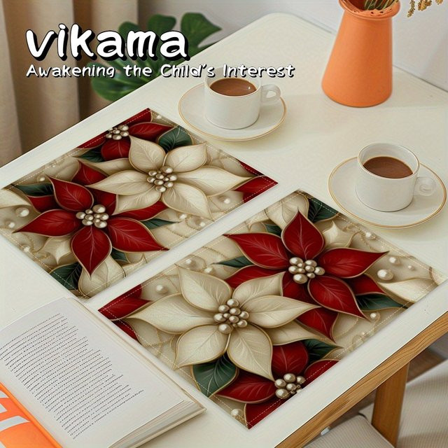 VIKAMA 4-teiliges Weihnachts-Tischset mit Blumenmuster und goldenem Besteck für deine festliche Tischdekoration - Bild 1
