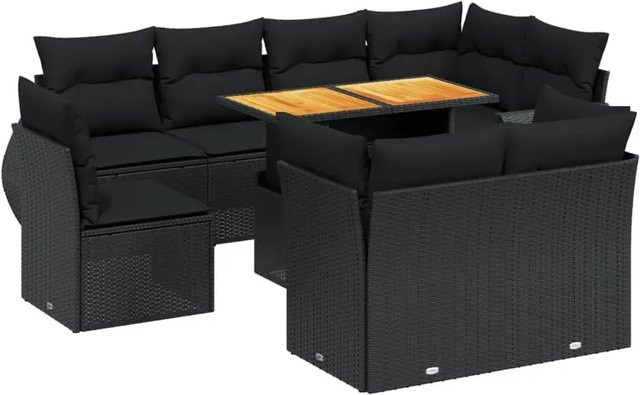 vidaXL 9-tlg. Garten-Sofagarnitur in L-Form aus schwarzem Poly-Rattan mit Kissen und pulverbeschichtetem Stahlrahmen - Bild 1