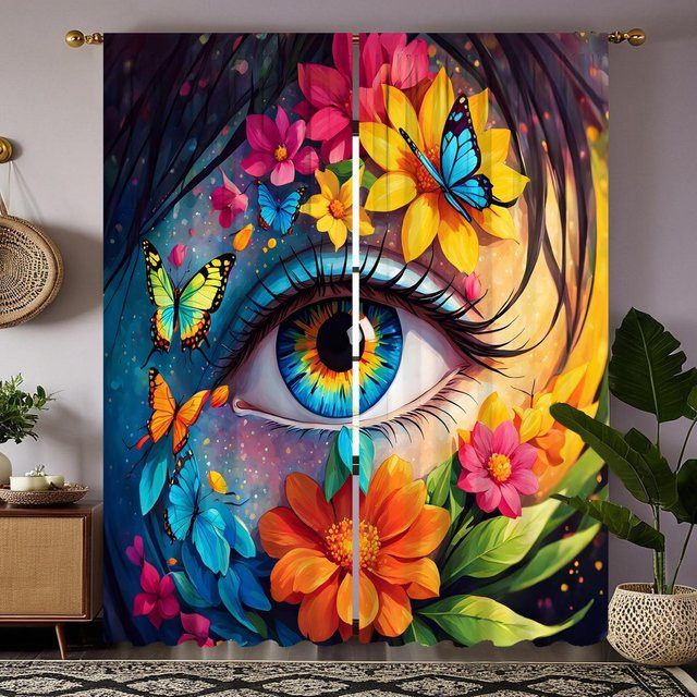 2er-Set dekorative Vorhänge mit floralem Auge-Design in Blau und Gelb, digital bedruckte halbtransparente Stoffpaneele, B: 132 cm, H: 160 cm - Bild 1