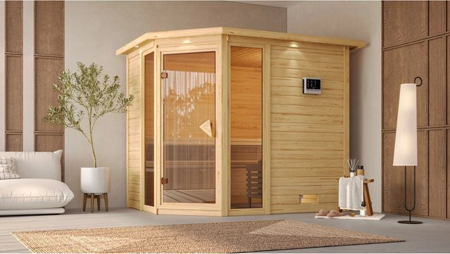 Karibu Sauna Sanna 3 Bio-Kombisauna aus Holz in Braun mit Edelstahl-Bio-Ofen und externem Steuergerät B/T/H: 236 x 212 x 198 cm - Bild 2