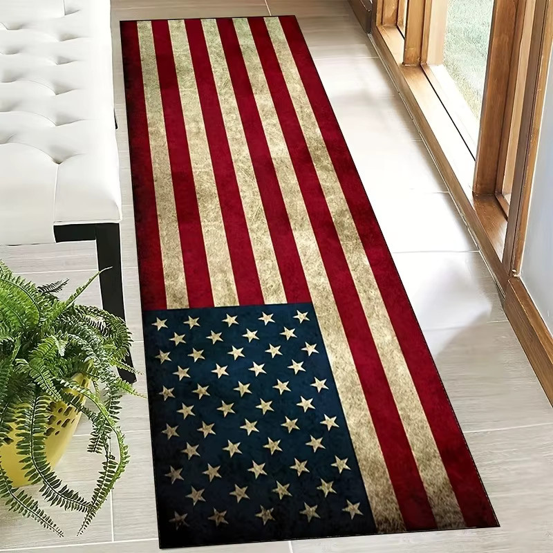 VIKAMA Vintage-Läufer-Teppich mit USA-Flaggen-Design, rutschfest und waschbar, Flurteppich in Rot, Weiß und Blau - Bild 2