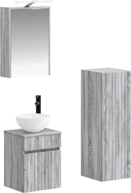 vidaXL Badezimmermöbel-Set 4-teilig in Grau, bestehend aus Waschtischunterschrank, Spiegelschrank mit LED-Beleuchtung und Wandunterschrank aus Holz und Glas - Bild 1
