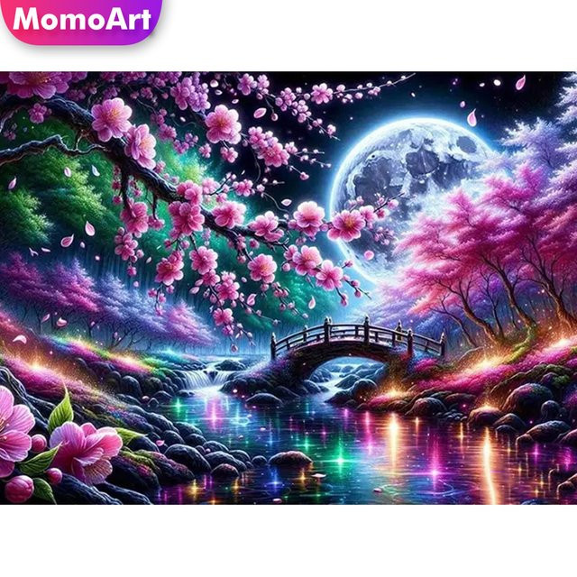 Momoart Diamant-Gemälde Brücke und Flusslandschaft als DIY Blumenmosaik für Erwachsene in Multicolour - Bild 1