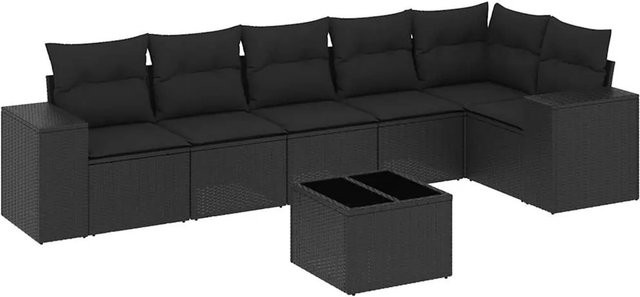 vidaXL 7-teilige Garten-Sofagarnitur in L-Form aus schwarzem Poly-Rattan mit Kissen und pulverbeschichtetem Stahlgestell - Bild 1