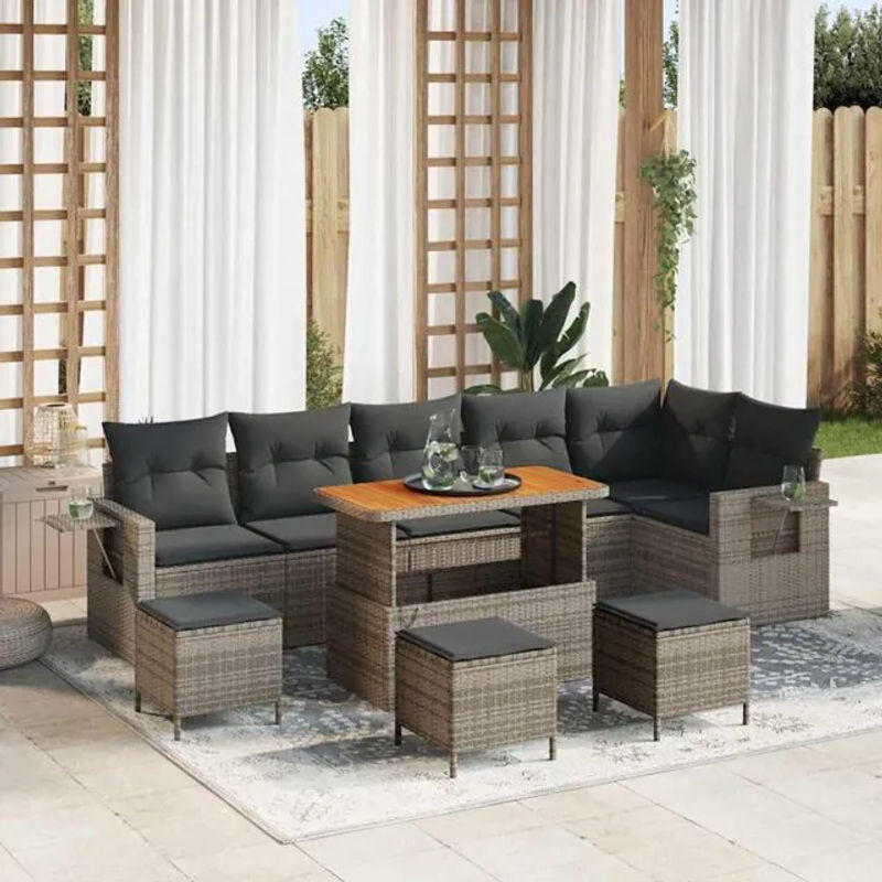 10-teiliges Garten Sofa Set vidaxl aus grauem Poly Rattan und Akazienholz mit Kissen im modernen Design - Bild 1
