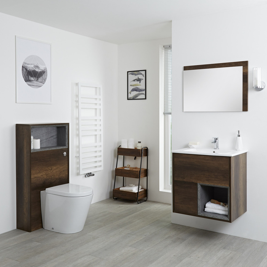 Hudson Reed Hoxton Badezimmer-Set aus Waschtischunterschrank, Waschbecken und WC mit Spülkastenverkleidung in Dunkle Eiche Matt, Breite: 60 cm - Bild 1