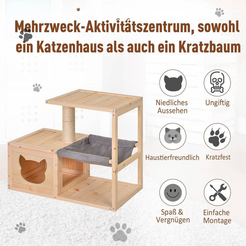 PawHut Katzenhaus aus Tannenholz mit Hängematte und Sisal-Kratzbereich, beige, B/T/H: 70 x 60 x 35 cm - Bild 3