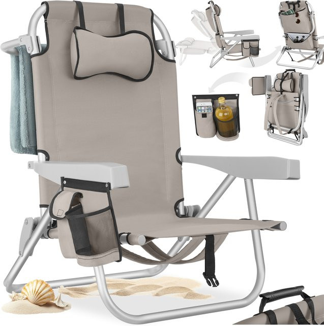 tectake Aluminium Strandstuhl Beige, klappbar mit Rucksackfunktion, verstellbarer Kopfstütze, Kühltasche und Aufbewahrungstasche, B/T/H: 101 x 63 x 78 cm - Bild 1
