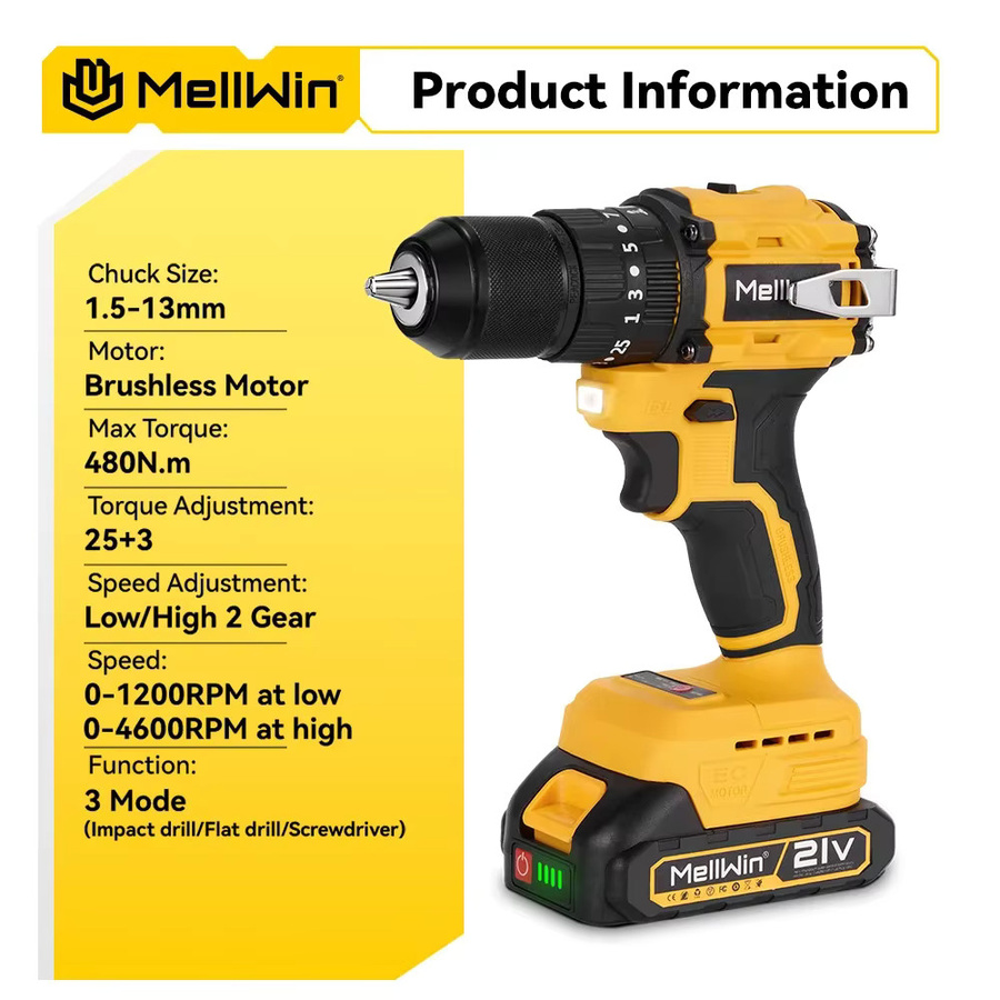 MELLWIN Bürstenloser Akku-Schlagbohrschrauber für Makita 18V LXT, Gelb, 13 mm Bohreraufnahme - Bild 3