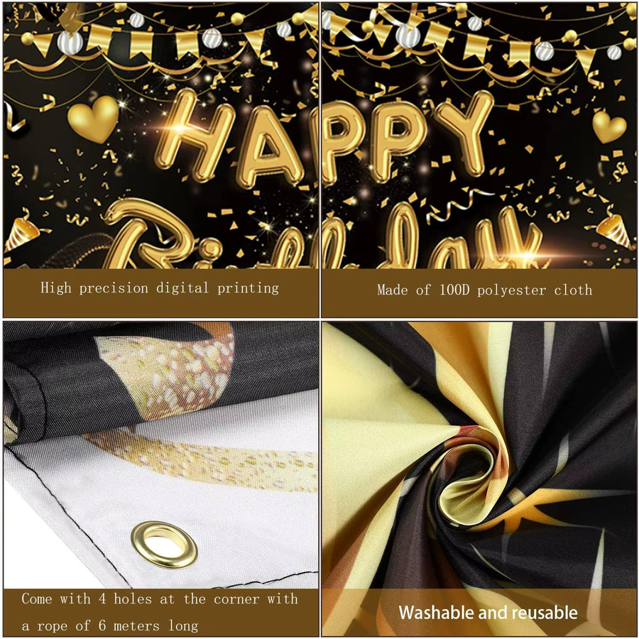 VIKAMA Happy Birthday Hintergrundbanner in Schwarz und Gold für Geburtstag und Jubiläumsfeiern - Bild 4