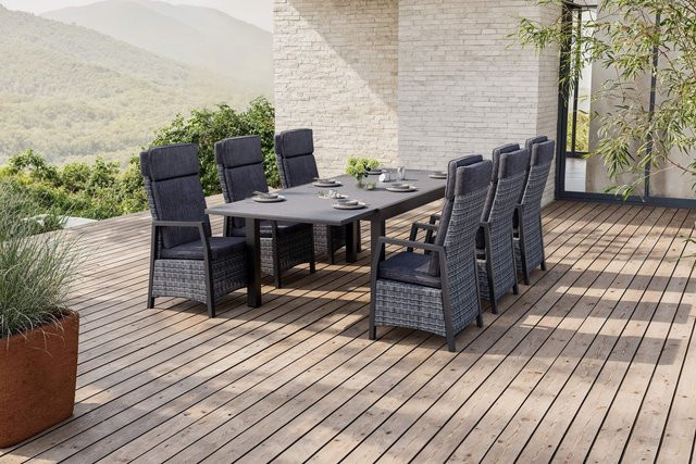 OUTFLEXX Nova Garten-Essgruppe in Anthrazit Matt und Grau aus Aluminium, Polyrattan und Spraystone mit ausziehbarem Tisch und 6 Dining-Sesseln, Tisch B: 160 bis 260 cm, T: 100 cm, H: 76 cm - Bild 1