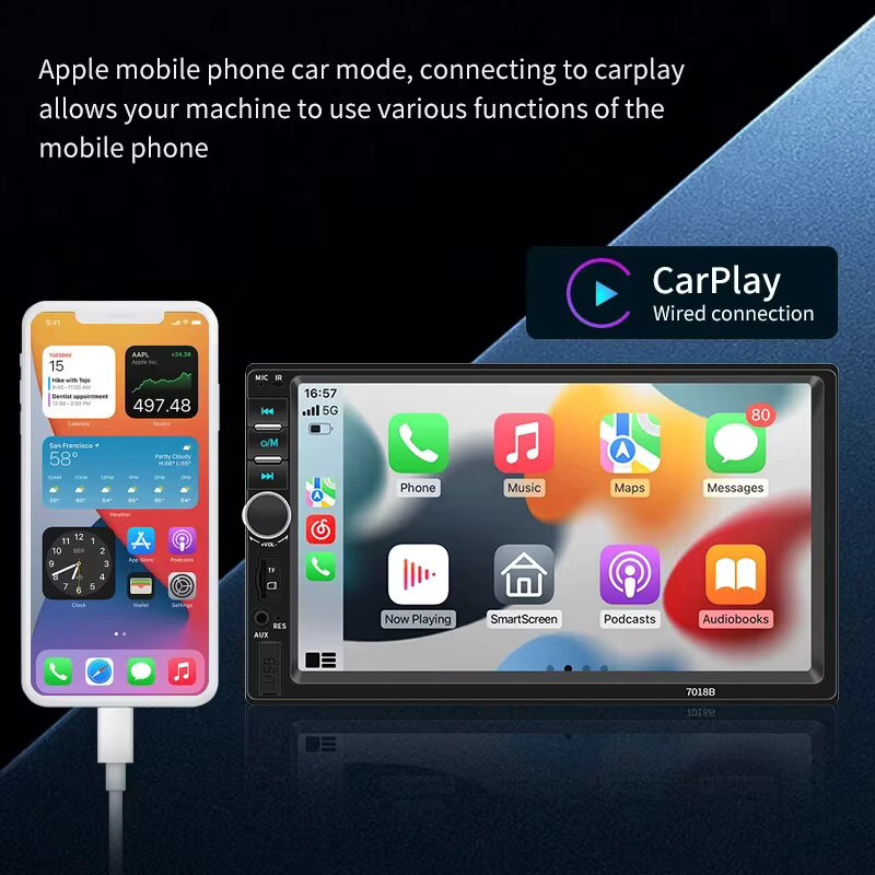 Acodo 7 Zoll Carplay Autoradio mit Touchscreen, MP5 Player mit USB, TF und FM Radio, Schwarz - Bild 3