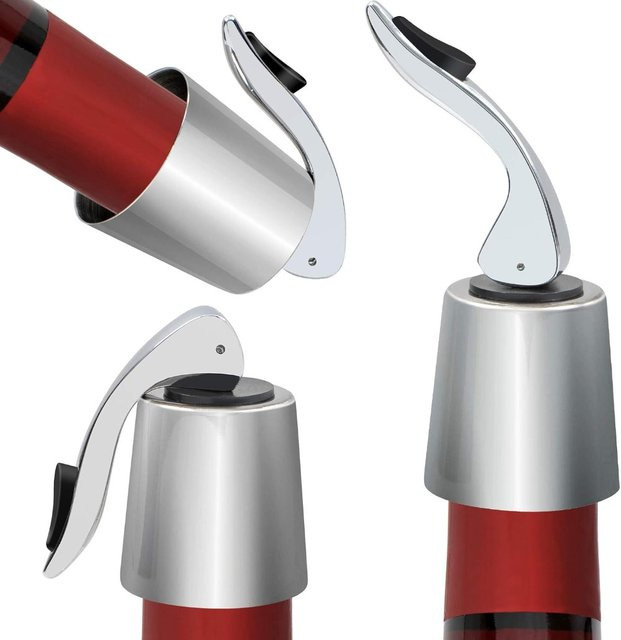 SUNFILI Weinstopper aus Edelstahl in Silber mit Silikonstopfen zum Frischhalten von Wein und Getränken - Bild 1