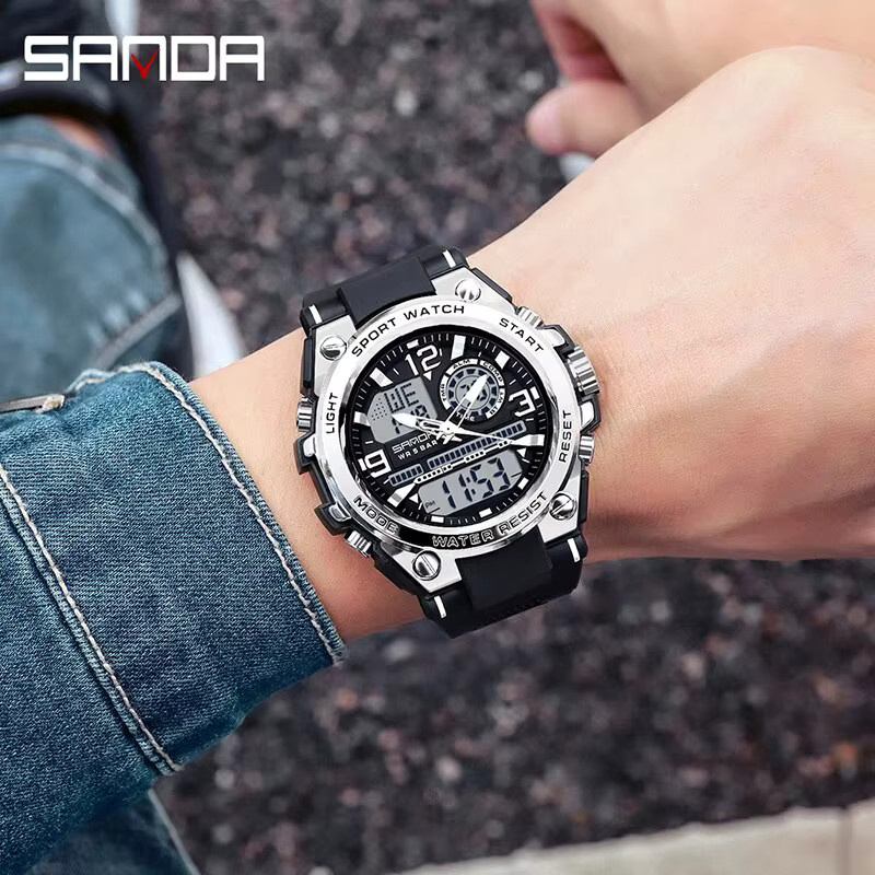 SANDA Armbanduhr, Quarzuhr, Edelstahl, Schwarz, Silber, Herren, 5 ATM - Bild 5
