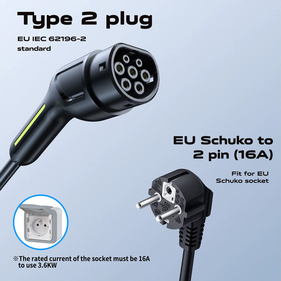 VDL Elektroauto Ladegerät Typ 2 mit 3,6 kW Leistung, einstellbare Stromstärke 6/8/10/13/16 A, 5 m Ladekabel mit EU-Schuko-Stecker, IP65 Ladestation für Einphasenstrom, grau - Bild 4