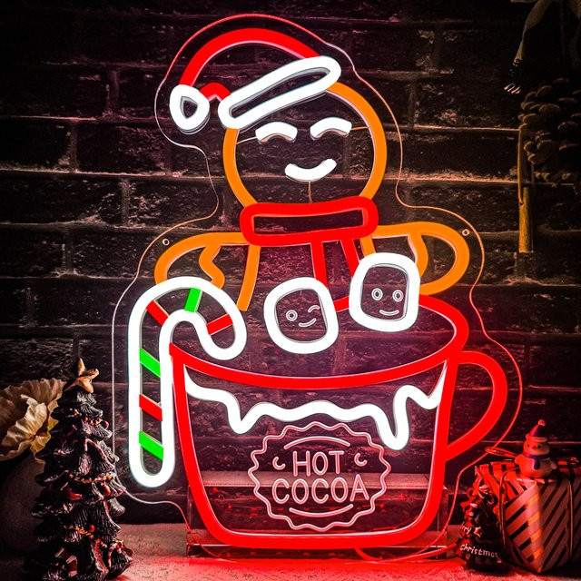 Dimmbares Gingerbread Man Hot Cocoa Neon Schild als mehrfarbige Weihnachtsbeleuchtung zur Wanddekoration - Bild 1