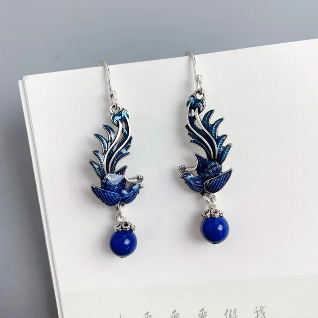 Ohrringe Phoenix, 925 Silber, Blau, Emaille, Lapislazuli, Damen - Bild 1