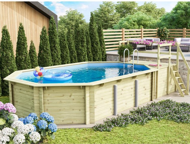 Karibu Holzpool Modell 4 Terrasse C in Blau-Grau mit Filteranlage, Skimmer, zwei Sonnenterrassen, Poolfolie, Schutzvlies und Einhängeleiter, B/T/H: 600 x 400 x 111 cm - Bild 1