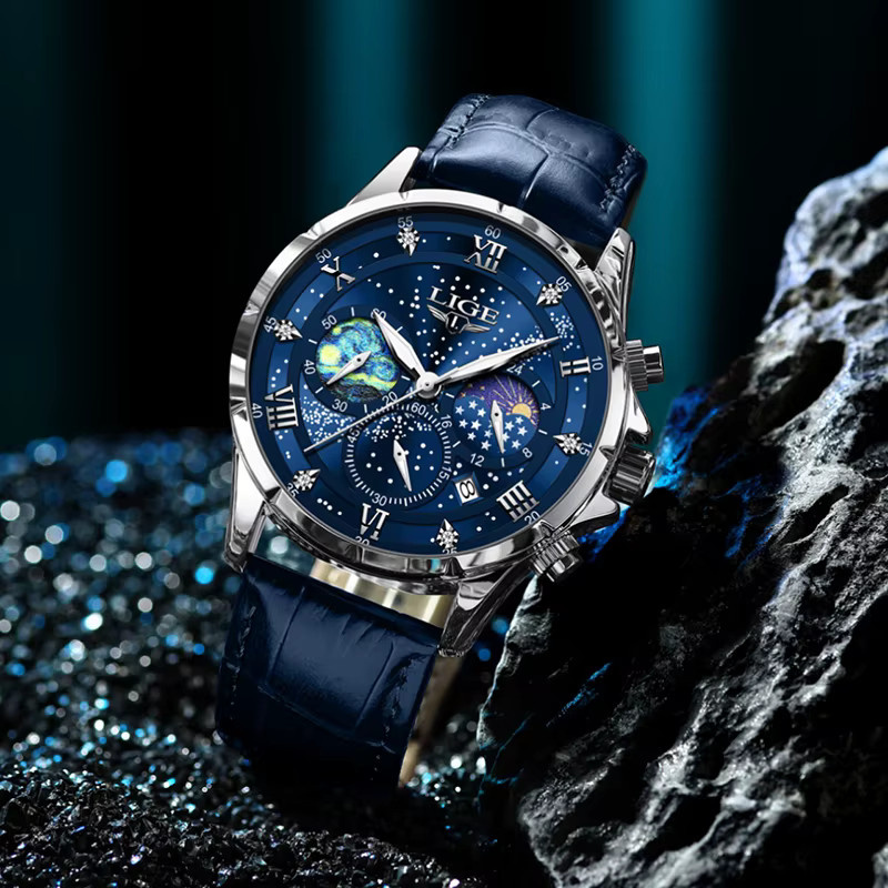 LIGE Armbanduhr Quarz, Mondphase, Leder, Blau, Herren - Bild 2