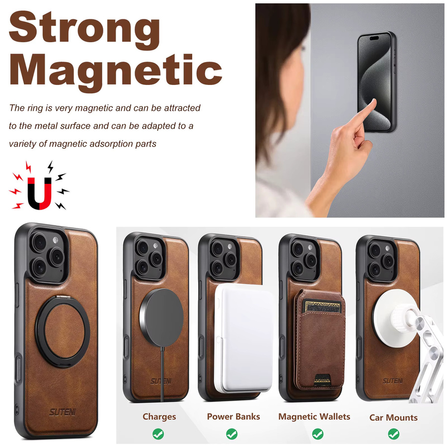 Suteni MagSafe kompatible PU-Leder Handyhülle mit magnetischem 360 Grad rotierbarem Ringständer für iPhone 17 16 15 14 13 12 in Schwarz und Braun - Bild 3
