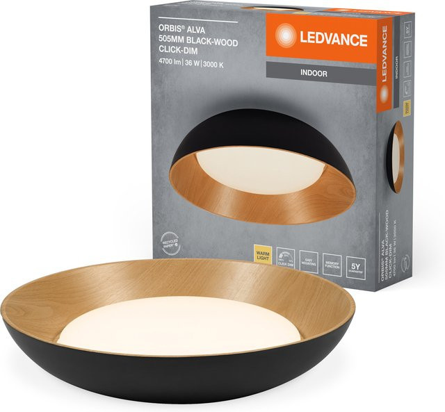 LEDVANCE ORBIS Alva LED-Deckenleuchte in Schwarz mit Holzdekor, 36W, 1600lm, 3000K Warmweiß, dimmbar - Bild 1