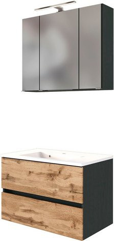 HELD MÖBEL Waschtisch-Set LUCCA in 4-teiliger Ausführung, modern und wandmontiert, Farbe Braun/Anthrazit/Weiß mit LED-Beleuchtung und Steckdose - Bild 1
