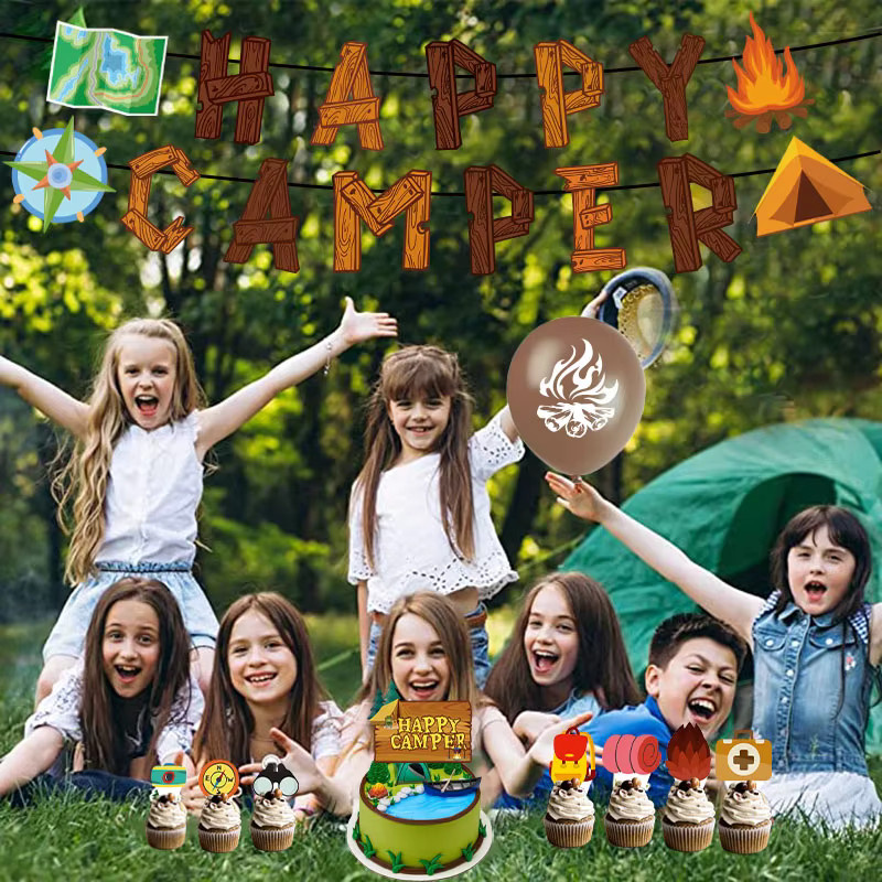 Joy-enlife Outdoor Camping Motto Party Dekoration Set mit Happy Camper Banner, Kuchen Topper und bunten Latex Ballons für Kinder Geburtstage in Mehrfarbig - Bild 2