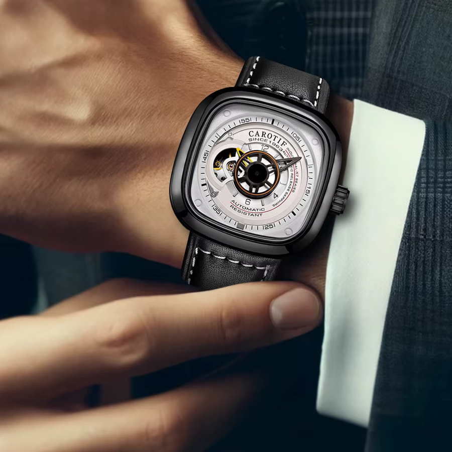 CAROTIF Armbanduhr, Automatik, eckig, Leder, Schwarz, Weiß, Herren - Bild 2