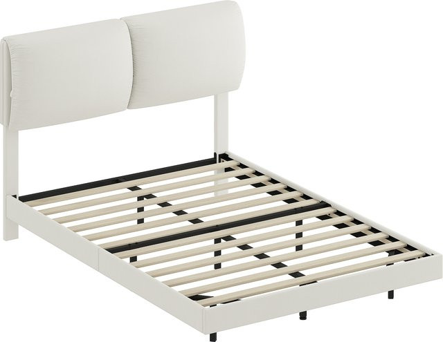 Aosom Doppelbett mit gepolstertem Kopfteil und Schwebeeffekt in Beige, B/T: 135 x 190 cm - Bild 1
