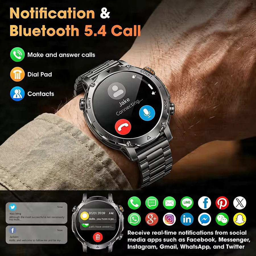 GUHUAVMI Outdoor Militär Smartwatch für Herren in Schwarz mit GPS-Tracking, Bluetooth-Anrufen, SOS-Funktion, Taschenlampe und IP68 Wasserdichtigkeit sowie 1400mAh Akku - Bild 5