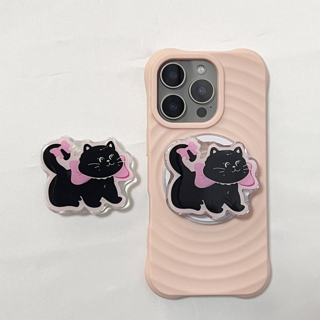 Faltbarer 360-Grad drehbarer Telefonhalter mit rosa Schleifenknoten und schwarzer Katze für iPhone 17 Pro Max und 16 Pro Max - Bild 1