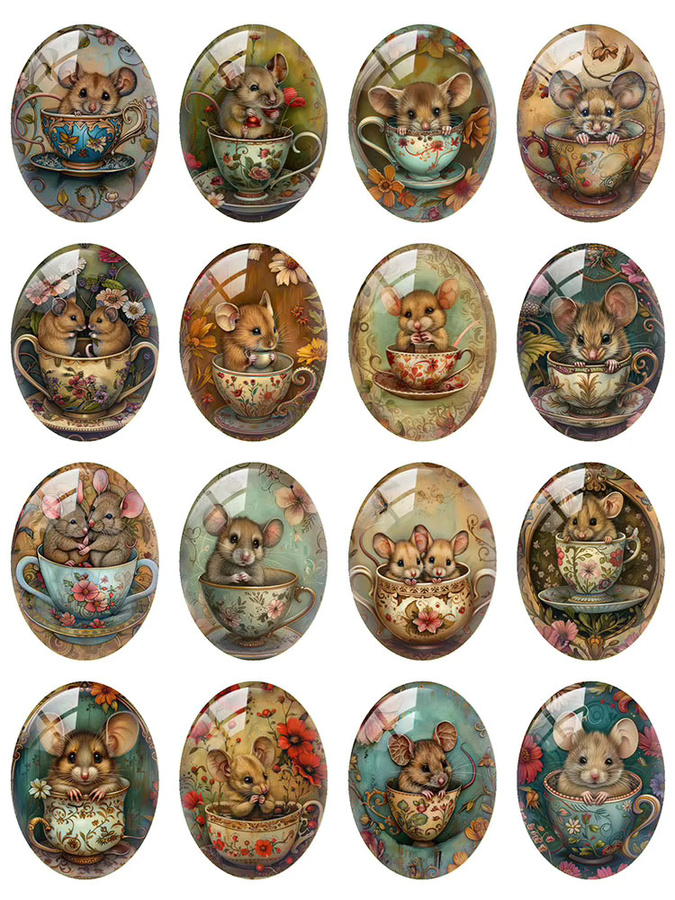 Fezrgea Glas-Cabochon, Retro Blumen Teetassen-Ratten-Maus, Oval, Unisex - Bild 4