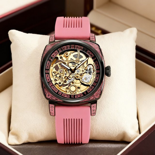 CAROTIF Armbanduhr, mechanisch, Schwarz, Rosa, Silikon, Herren - Bild 1