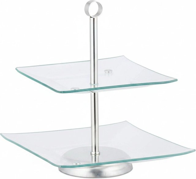 Relaxdays Etagere aus Glas und Edelstahl in Transparent und Silber, 2 Ebenen, B/T/H: 24,5 x 24,5 x 28 cm - Bild 1