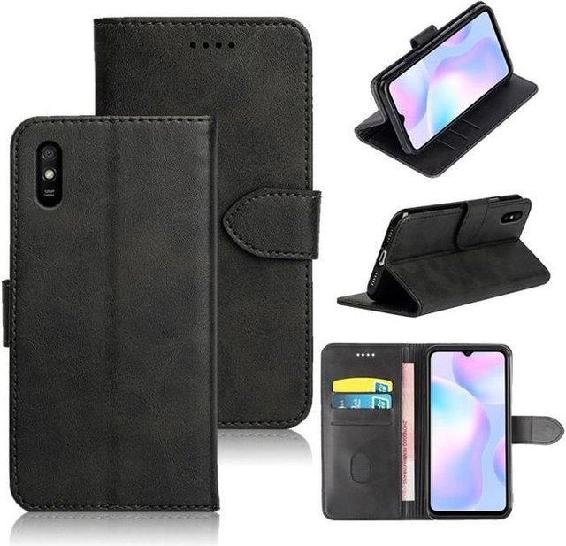 Xiaomi Redmi 9A Handyhülle aus PU-Leder im Geldbörsen-Design in Schwarz - Bild 1