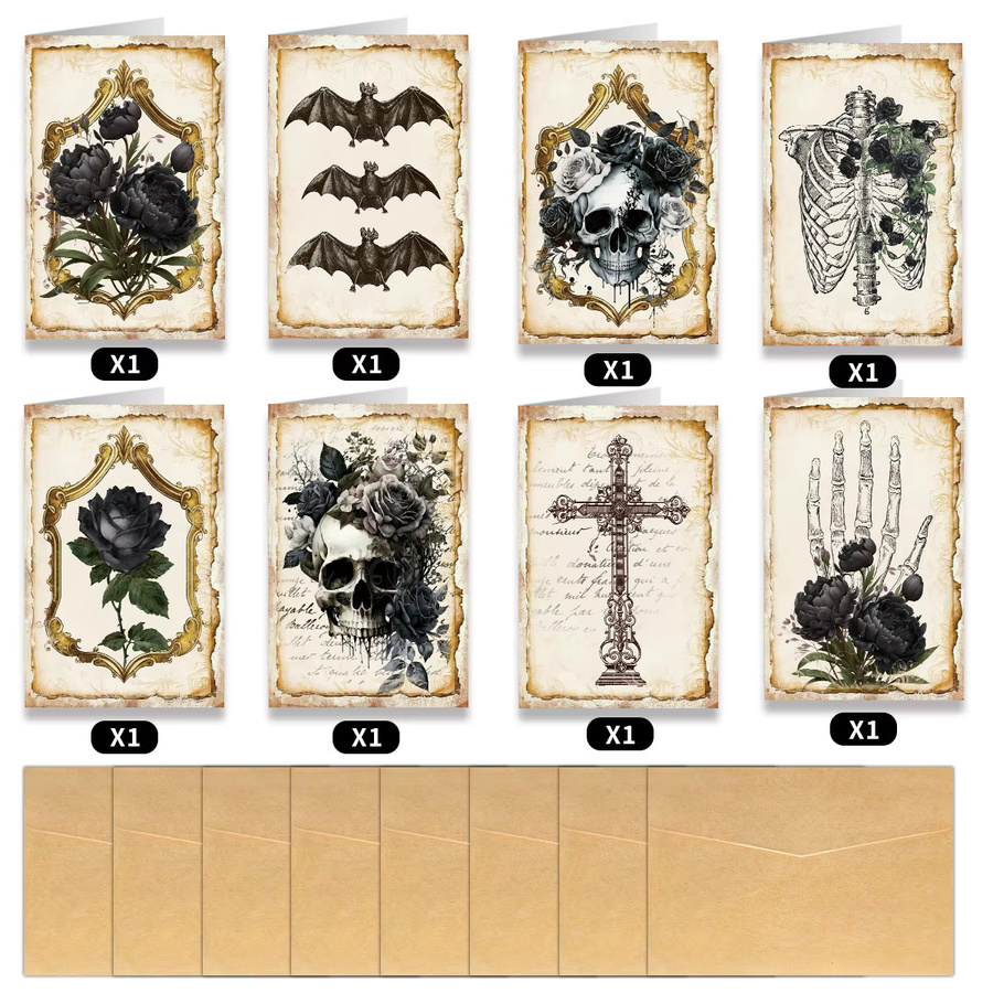 12 Stück gotische Halloween-Grußkarten mit Umschlag in Schwarz und Multicolour mit schwarzer Rose und Skelett-Design aus Papier - Bild 2