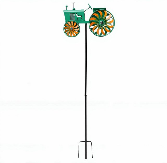 Fishine Garten-Windspiel Grüner Traktor aus Eisen im Landhausstil mit drehenden Rädern für Terrasse, Hof und Garten - Bild 1