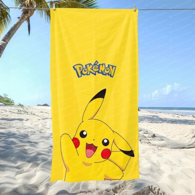 Bandai Pikachu Mikrofaser-Handtuch in Gelb mit Cartoon-Design, schnelltrocknend und saugfähig für Strand, Schwimmbad oder Camping - Bild 1