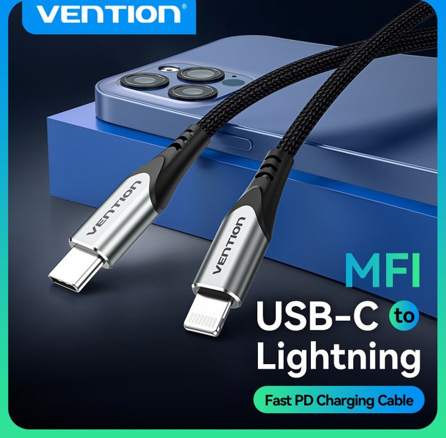 Vention MFi USB-C auf Lightning PD 27W 3A Schnellladekabel für iPhone und iPad in Schwarz oder Grau - Bild 1