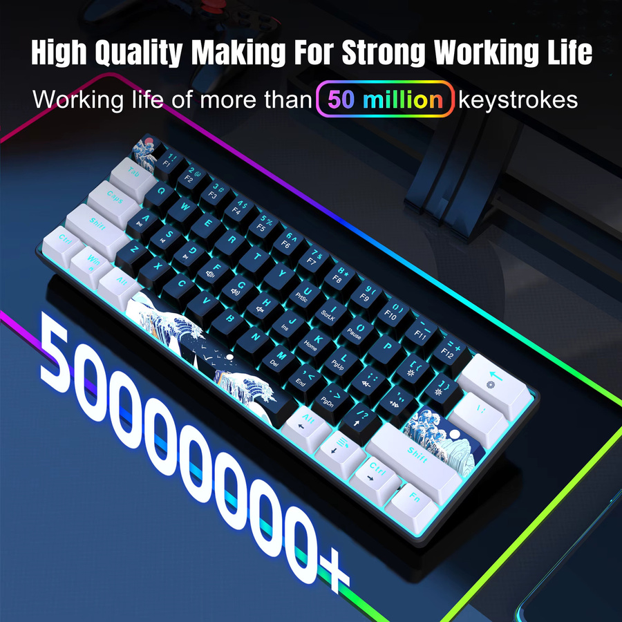 HXSJ Mechanische Gaming-Tastatur 60 % Mini 61-Tasten mit blauen Schaltern und Anti-Ghosting - Bild 2