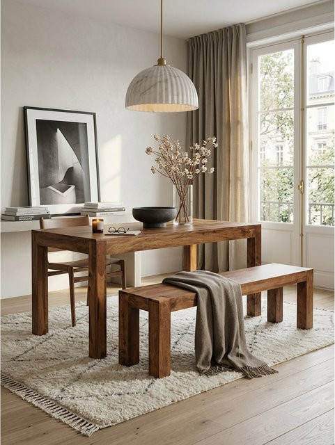 Esszimmerbank MUMBAI von KADIMA DESIGN aus Massivholz im Landhausstil, Farbe Braun, B/T/H: 160 x 35 x 45 cm - Bild 1