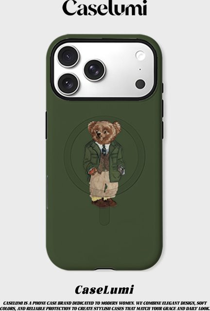 CaseLumi Matte Bumper Schutzhülle mit MagSafe Kompatibilität für iPhone 17 16 15 14 13 Pro Max in Grün mit Teddybär Design - Bild 1