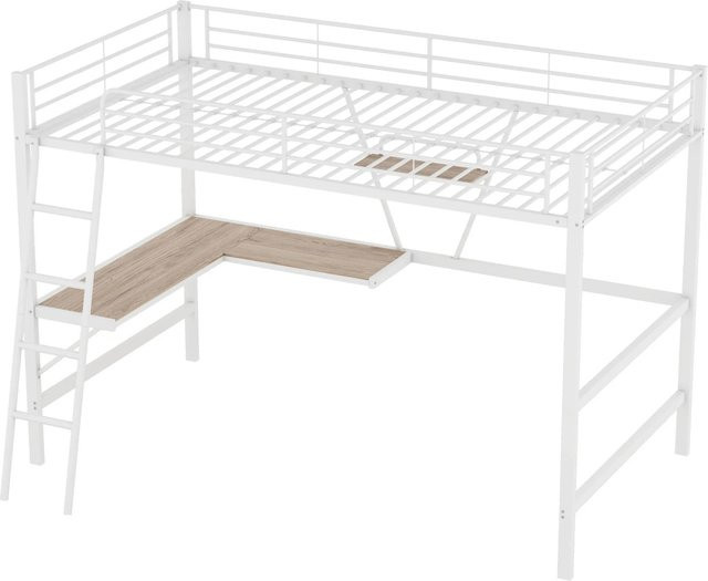 okwish Hochbett aus Metall und MDF in Weiß mit L-förmigem Schreibtisch und Regal, B/T/H: 90 x 200 x 180,5 cm - Bild 1